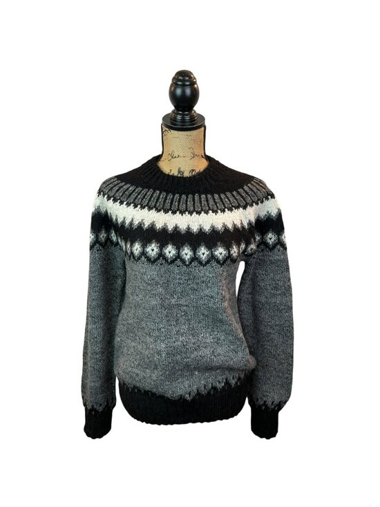 Handmade Milagros Imports Alpaca Wool Sweater Nordic Pattern Black/Grey/White Wo - Picture 5 of 15